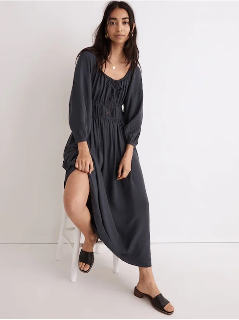Madewell Twill Sophia Smocked Waist Blue Midi Dress L Gorpcore Cottage Feminine